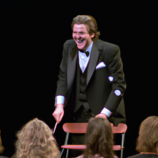 צילום של מנטליסט על הבמה, כשהקהל צוחק מהבדיחה שלו