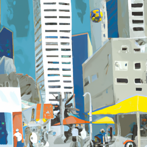 3. An illustration of the bustling streets of Tel Aviv, filled with local merchants and modern skyscrapers.