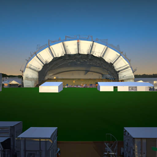 נוף פנורמי של מגרש ספורט המכוסה באוהל בנייה מסיבי, המציג את גודל וגודל המערך.
