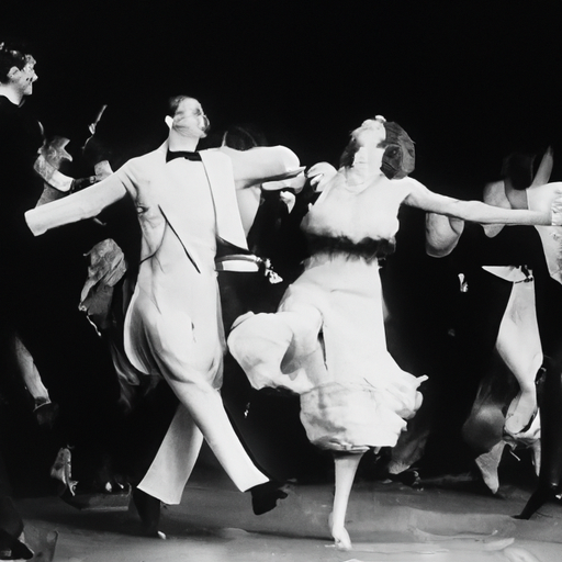 תמונה בשחור-לבן מתחילת המאה ה-20 המציגה רקדנים מבצעים שגרת ג'אז תוססת.